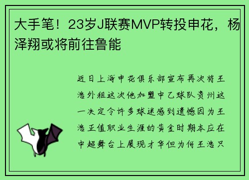 大手笔！23岁J联赛MVP转投申花，杨泽翔或将前往鲁能
