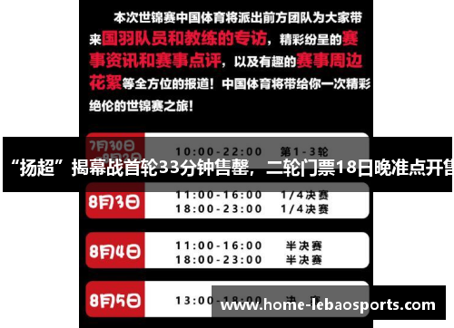 “扬超”揭幕战首轮33分钟售罄，二轮门票18日晚准点开售