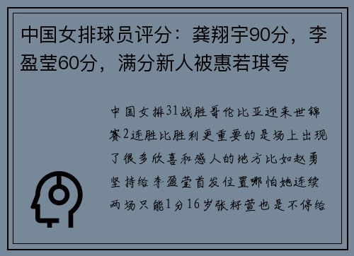中国女排球员评分：龚翔宇90分，李盈莹60分，满分新人被惠若琪夸
